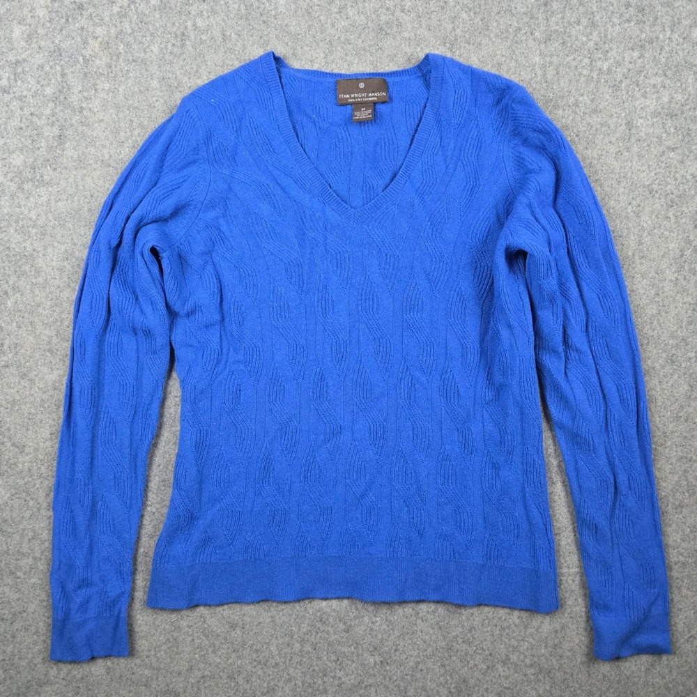 Fenn Wright Manson Sweater Womens M Blue 100% Cashmere Cable Knit V Neck Soft
